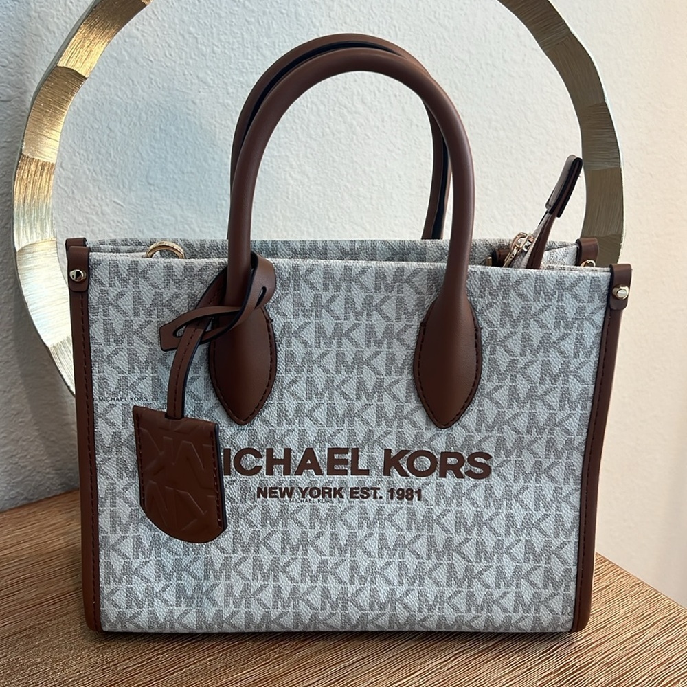 nwt MICHEAL KORS Mirella Small Logo Tote Bag Shopper VANILLA/ BROWN - Picture 3 of 8